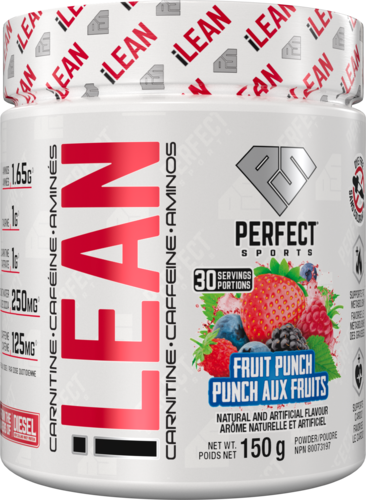 iLEAN Fruit Punch pre-workout from Perfect Sports featuring 30 servings with carnitine, caffeine, and aminos.