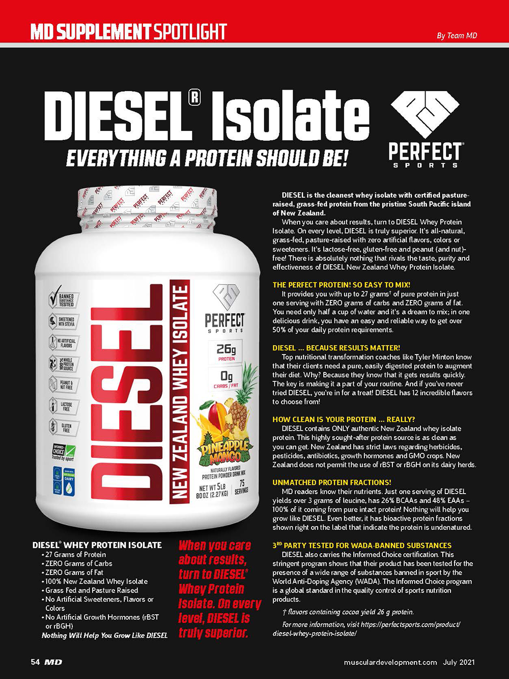 Muscular Development Product Spotlight Review of DIESEL New Zealand Whey Protein PERFECT Sports