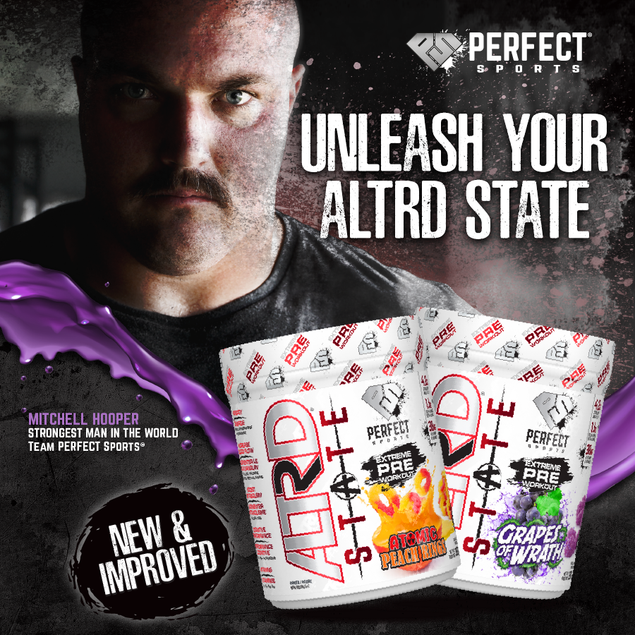 ALTRD State Extreme Pre Workout by PERFECT Sports in Grapes of Wrath Flavour. The Strongest Pre Workout! Image Featuring Mitchell Hooper Worlds Strongest Man and PERFECT Sports Athlete