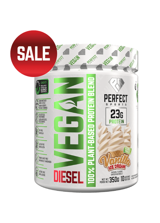 PERFECT Sports VEGAN Vanilla Ice Dream protein — plant-based, dairy-free, 23g protein per scoop, now on sale.