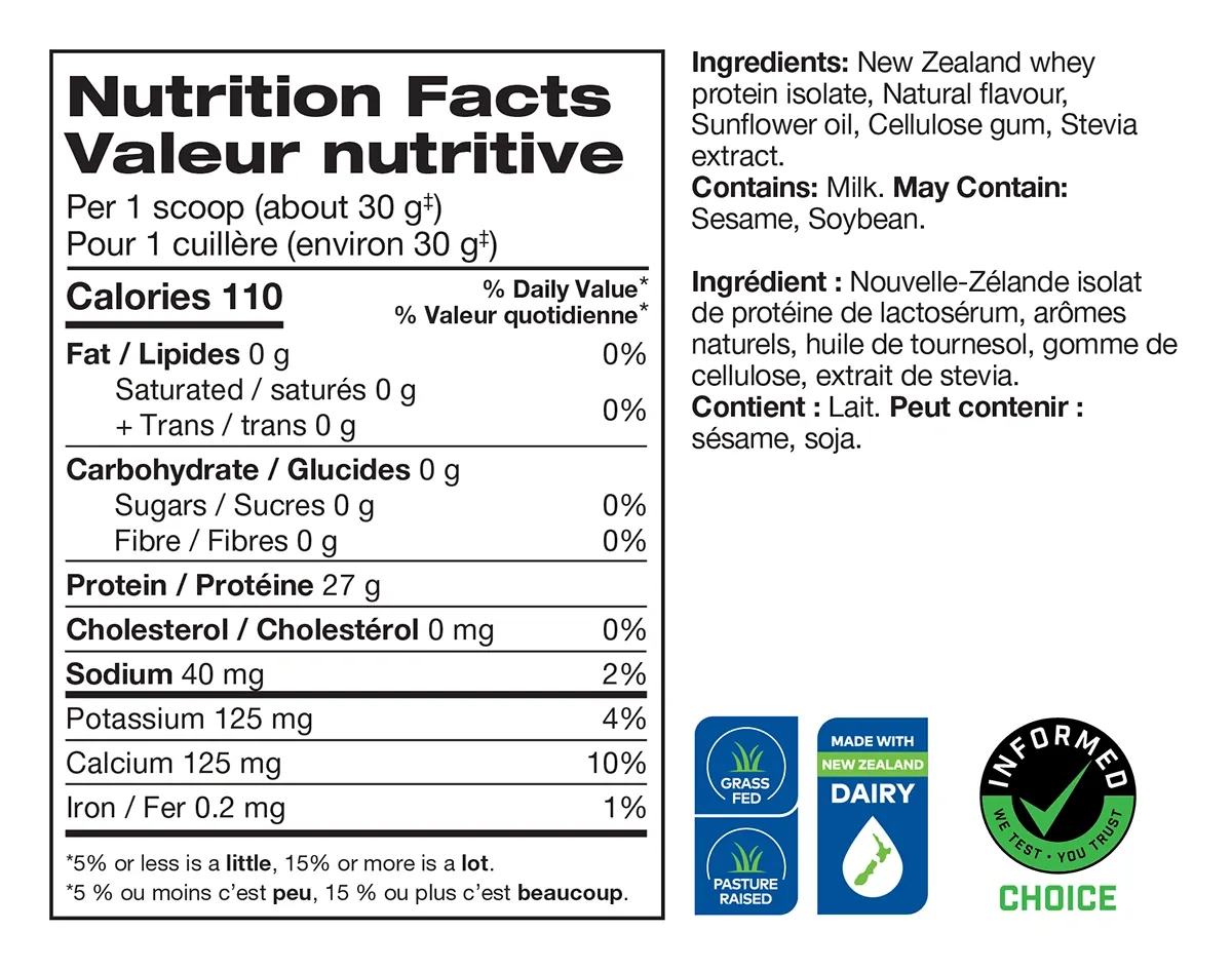 DIESEL New Zealand Whey Protein Isolate: Nutrition Facts - Canadian Maple Flavour